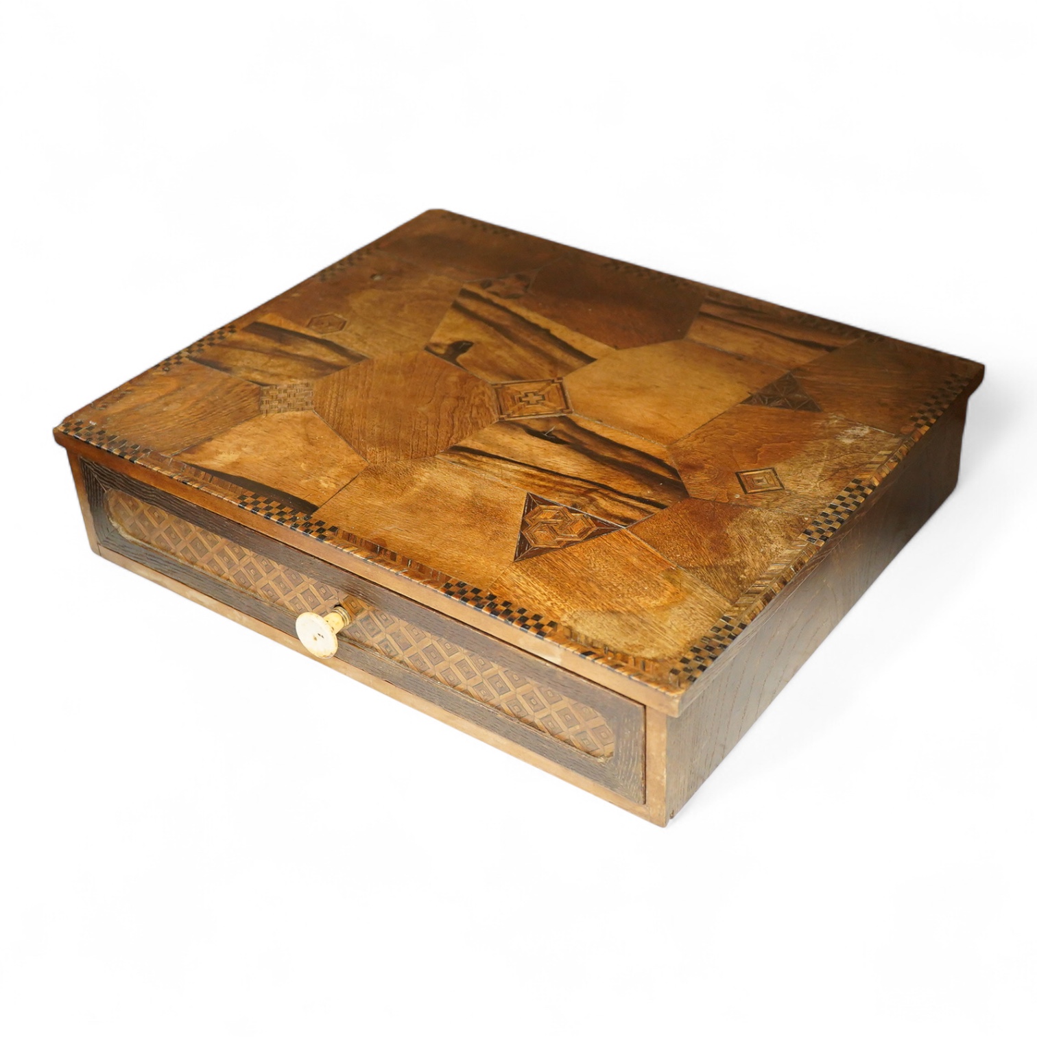 A Japanese Hakone ware marquetry box, with drawer and bone handle, 39cm wide x 32cm deep x 8.5cm high